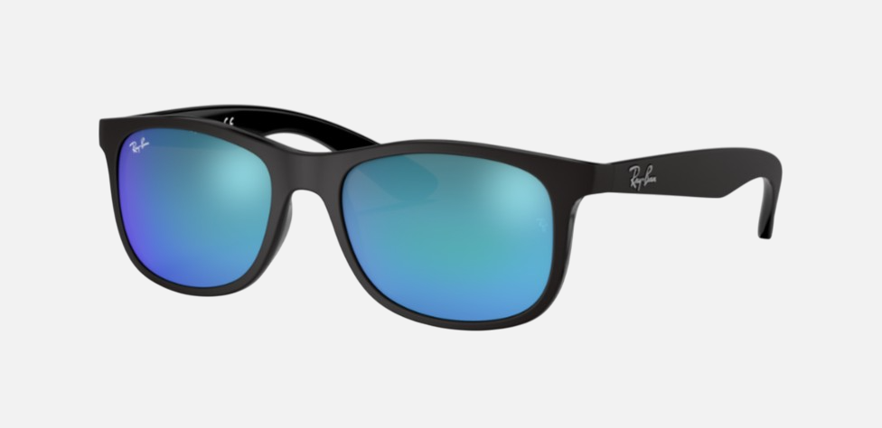 Ray-Ban Junior RJ9062S 701355 square sunglasses for kids in full rim injected, with matte black frame, and blue flash lenses. 48mm in lens size, 16mm in bridge size, and 125mm in temple length.