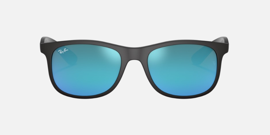 Ray-Ban Junior RJ9062S 701355 square sunglasses for kids in full rim injected, with matte black frame, and blue flash lenses. 48mm in lens size, 16mm in bridge size, and 125mm in temple length.