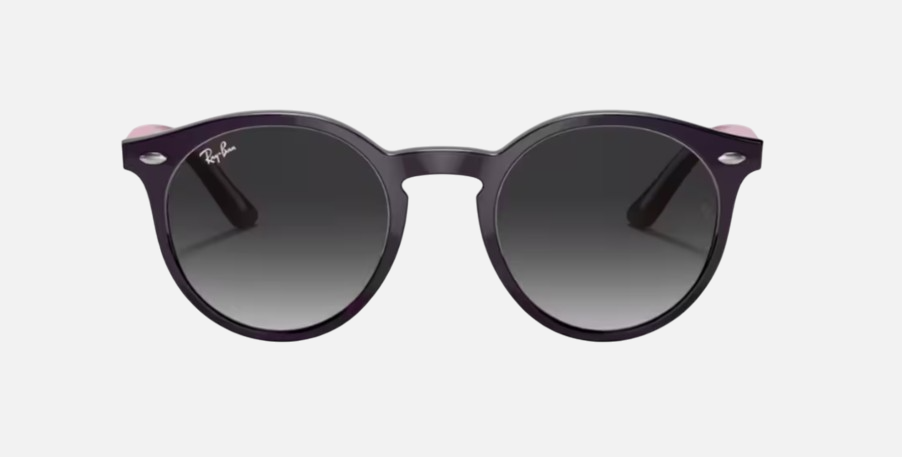 Ray-Ban Junior RJ9064S 70218G phantos sunglasses for kids in full rim injected, with polished violet frame, and light grey gradient dark grey
  lenses. 44mm in lens size, 19mm in bridge size, and 130mm in temple length.