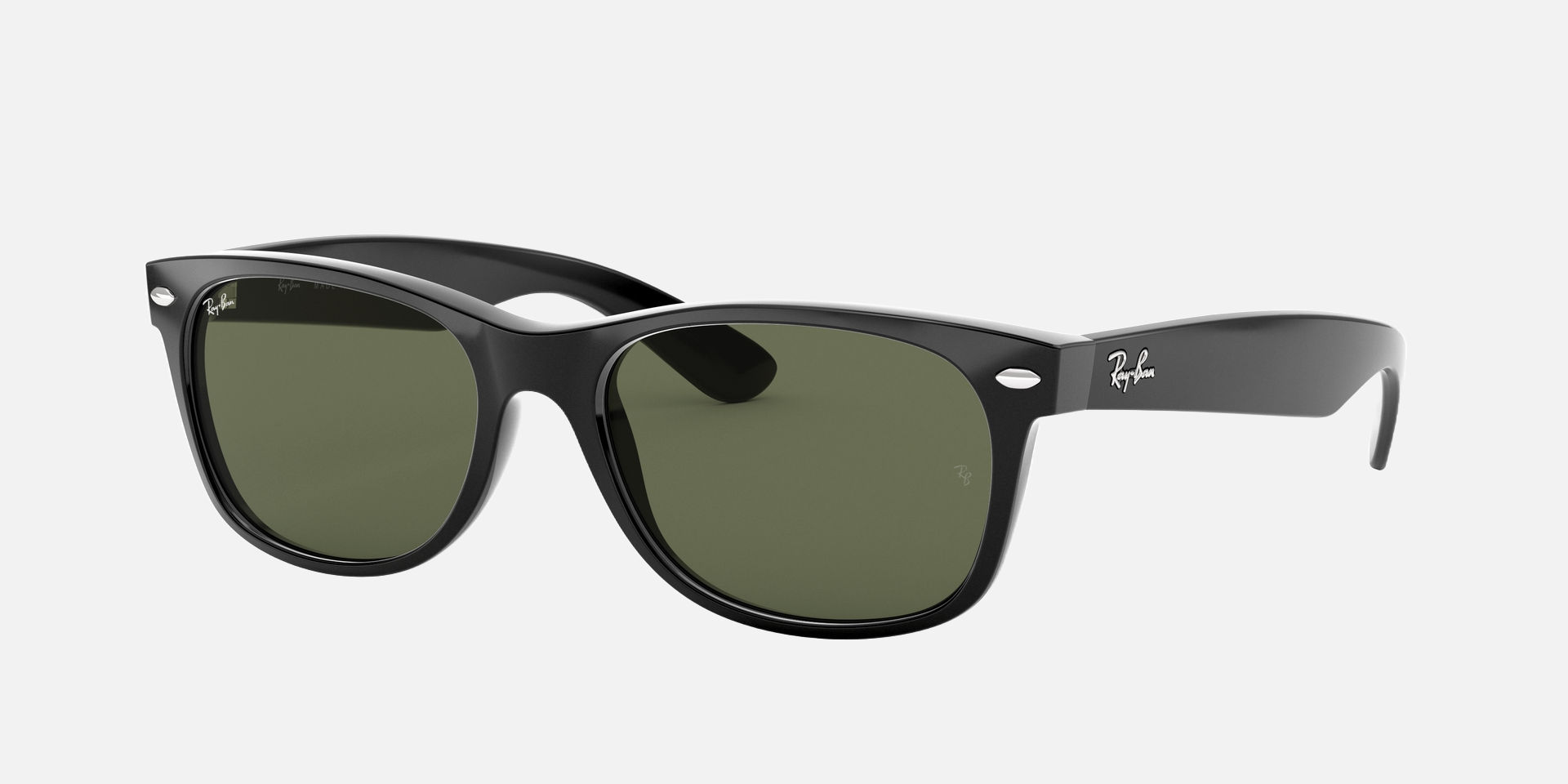 Ray-Ban New Wayfarer RB2132 901 square sunglasses for unisex in full rim plastic, with black frame, and green lenses. 52mm in lens size, 18mm in bridge size, and 145mm in temple length.
