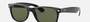 Ray-Ban New Wayfarer RB2132 901 square sunglasses for unisex in full rim plastic, with black frame, and green lenses. 52mm in lens size, 18mm in bridge size, and 145mm in temple length.