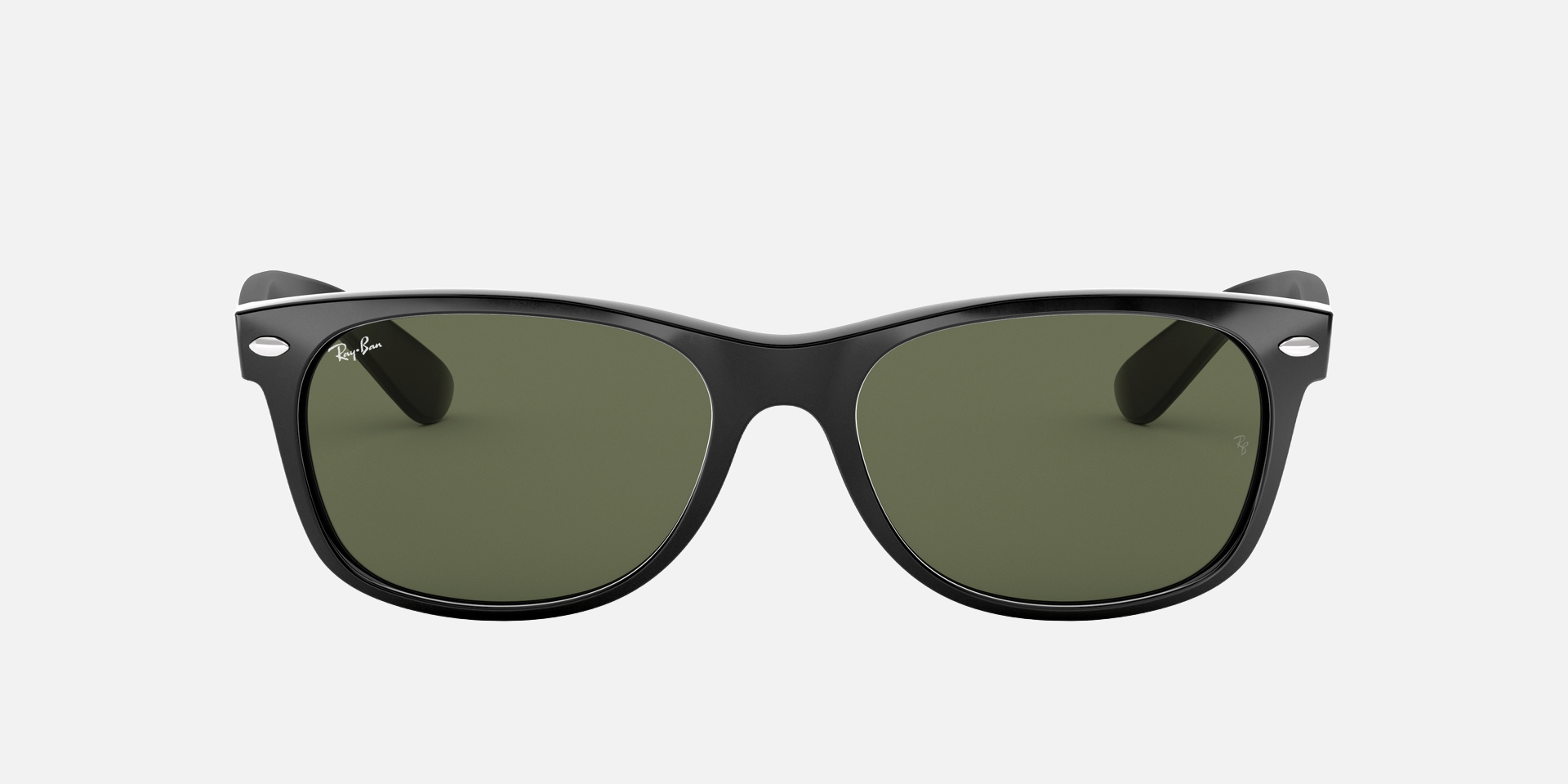 Ray-Ban New Wayfarer RB2132 901 square sunglasses for unisex in full rim plastic, with black frame, and green lenses. 52mm in lens size, 18mm in bridge size, and 145mm in temple length.