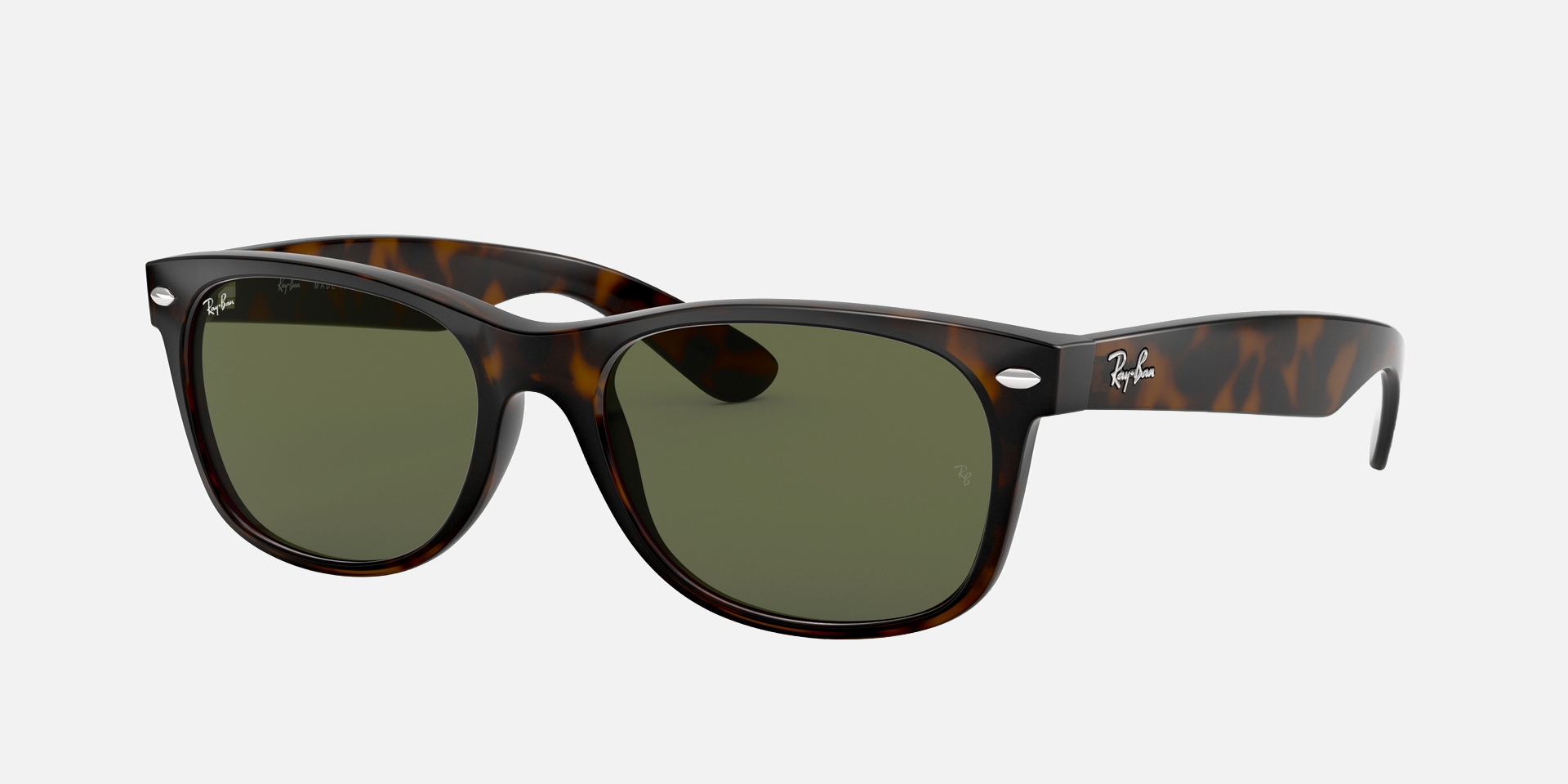 Ray-Ban New Wayfarer RB2132 902 square sunglasses for unisex in full rim plastic, with havana frame, and green lenses. 52mm in lens size, 18mm in bridge size, and 145mm in temple length.