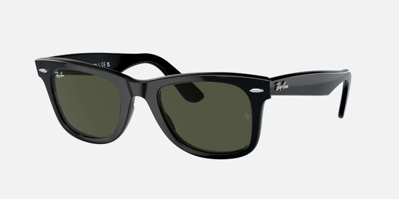 Ray-Ban Original Wayfarer Classic RB2140 901 square sunglasses for unisex in full rim plastic, with black frame, and green lenses. 50mm in lens size, 22mm in bridge size, and 150mm in temple length.
