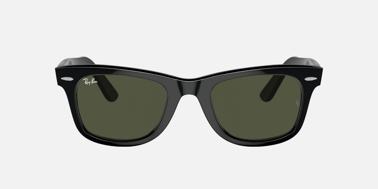 Ray-Ban Original Wayfarer Classic RB2140 901 square sunglasses for unisex in full rim plastic, with black frame, and green lenses. 50mm in lens size, 22mm in bridge size, and 150mm in temple length.