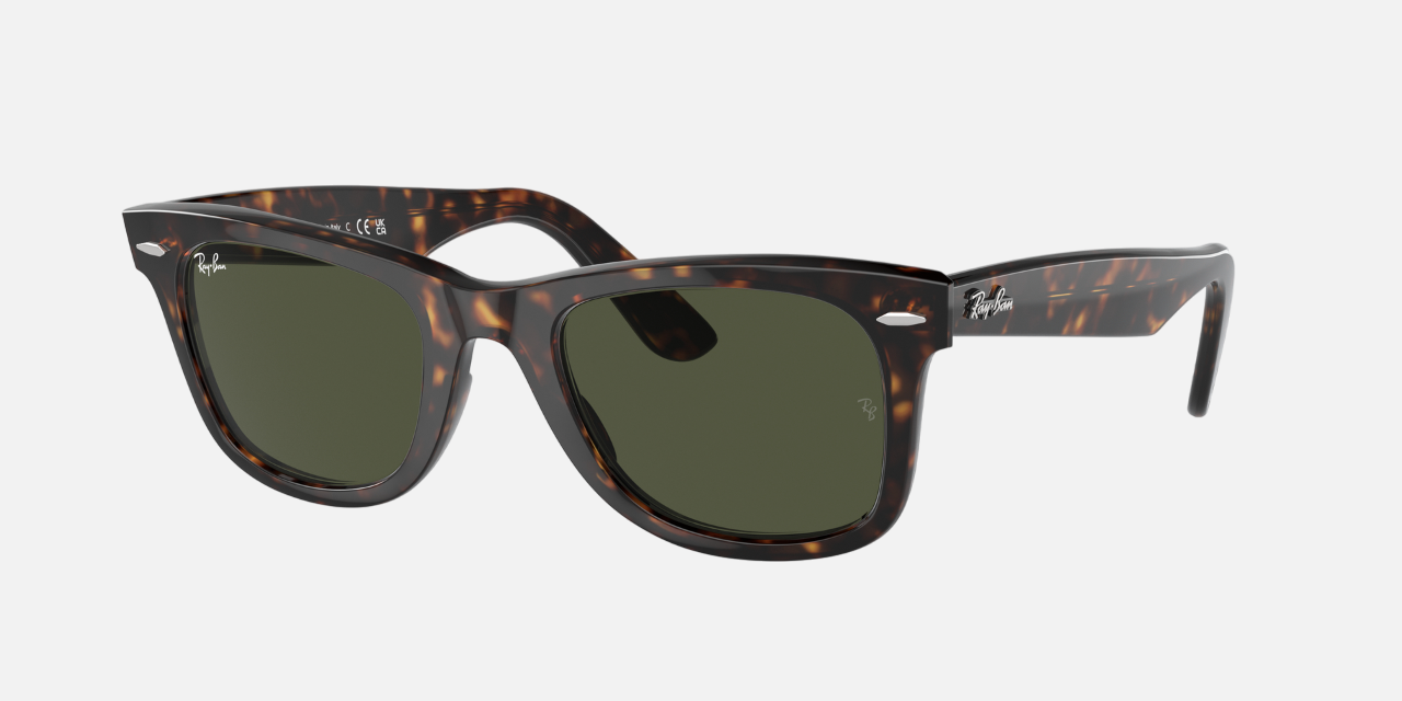 Ray-Ban Original Wayfarer Classic RB2140 902 unisex's full rim square sunglasses in a polished tortoise acetate frame with g-15 green lenses. Features a 54 mm lens size, 22 mm bridge size, and 150 mm temple length. Available in Dubai, UAE.