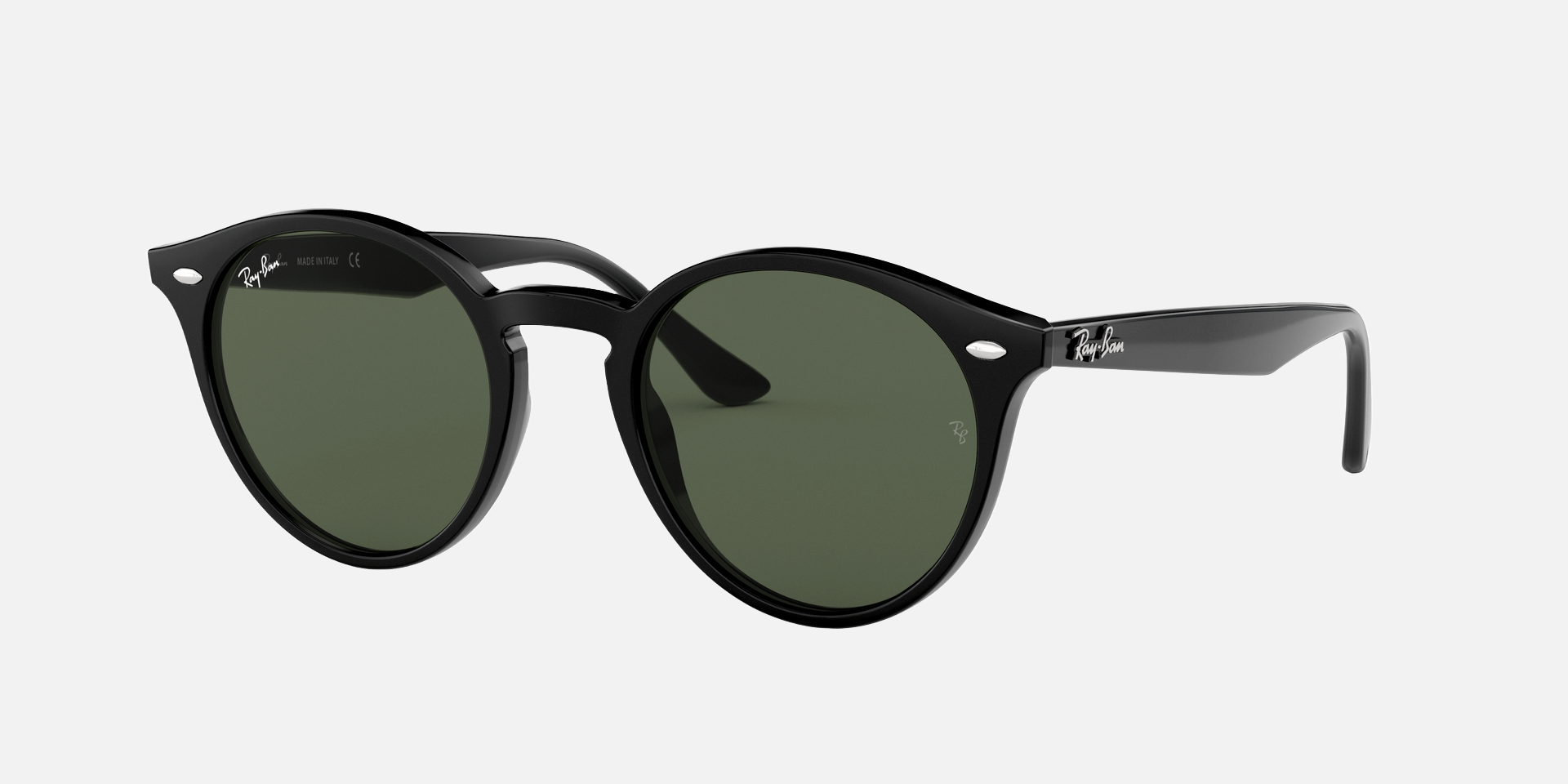 Ray-Ban RB2180 601/71 round sunglasses for unisex in full rim plastic, with black frame, and dark green lenses. 49mm in lens size, 21mm in bridge size, and 145mm in temple length.