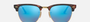 Ray-Ban Clubmaster Classic RB3016 114517 square sunglasses for unisex in full rim plastic, with havana on gold frame, and blue mirror lenses. 51mm in lens size, 21mm in bridge size, and 145mm in temple length.