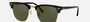 Ray-Ban Clubmaster Classic RB3016 W0365 square sunglasses for unisex in full rim plastic, with black on gold frame, and green lenses. 51mm in lens size, 21mm in bridge size, and 140mm in temple length.