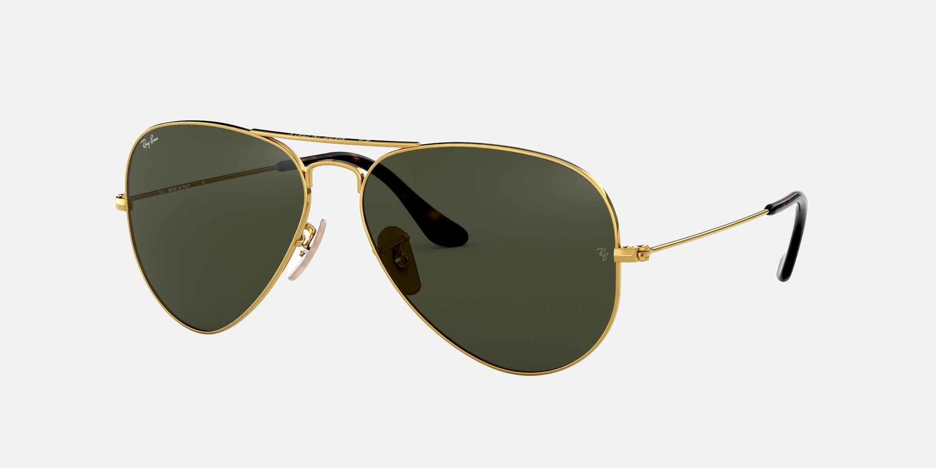 Ray-Ban Aviator Havana Collection RB3025 181 aviator sunglasses for unisex in full rim metal, with gold frame, and green lenses. 58mm in lens size, 14mm in bridge size, and 145mm in temple length.