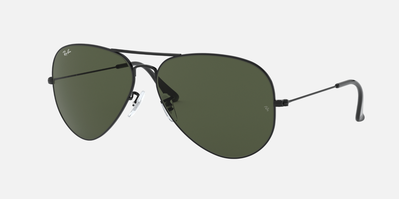 Ray-Ban Aviator Large Metal II RB3026 L2821 unisex's full rim pilot sunglasses in a polished black metal frame with g-15 green lenses. Features a 62 mm lens size, 14 mm bridge size, and 140 mm temple length. Available in Dubai, UAE.