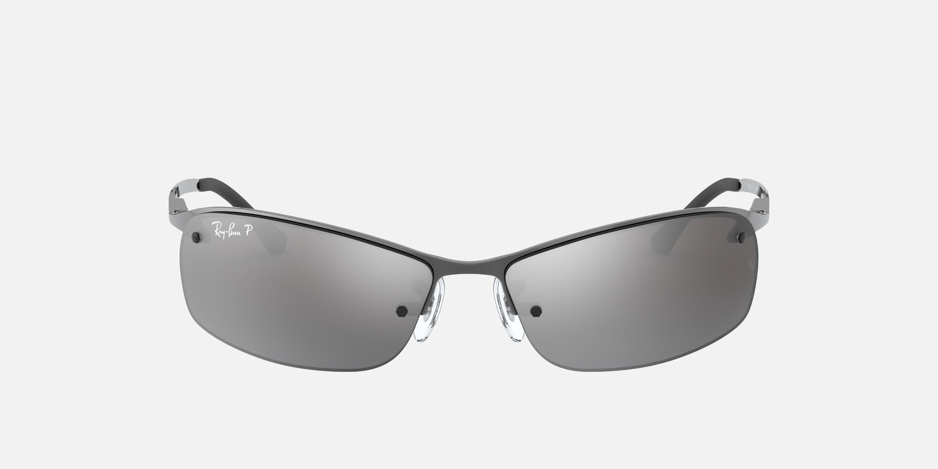Ray-Ban RB3183 004/82 rectangular sunglasses for men in semi-rimless metal, with gunmetal frame, and silver mirror lenses. 63mm in lens size, 15mm in bridge size, and 125mm in temple length.