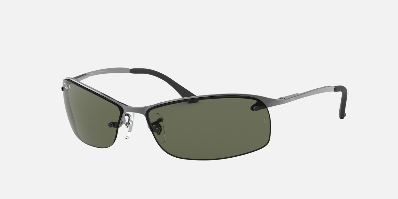 Ray-Ban RB3183 004/9A men's full rim rectangle sunglasses in a polished gunmetal metal frame with g-15 green polarized lenses. Features a 63 mm lens size, 15 mm bridge size, and 125 mm temple length. Available in Dubai, UAE.
