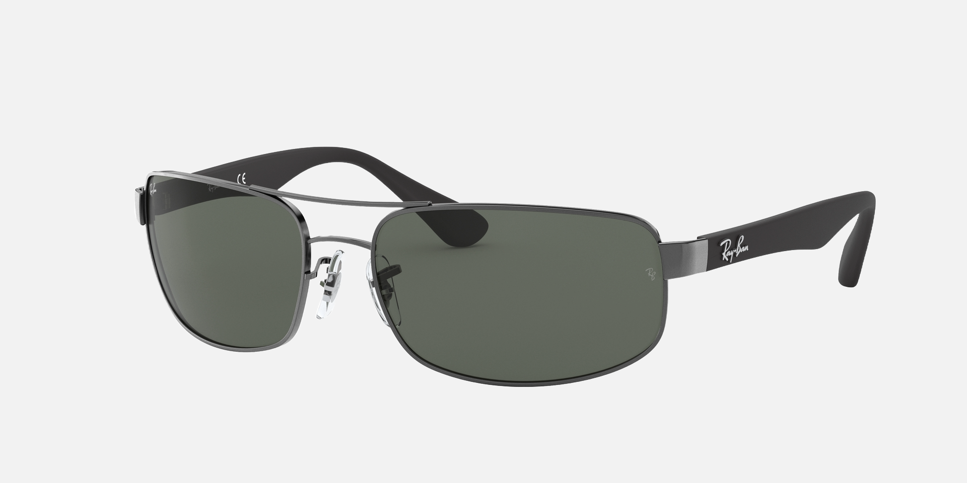 Ray-Ban RB3445 004 men's full rim rectangle sunglasses in a gunmetal metal frame with green classic g-15 lenses. Features a 61 mm lens size, 17 mm bridge size, and 130 mm temple length. Available in Dubai, UAE.