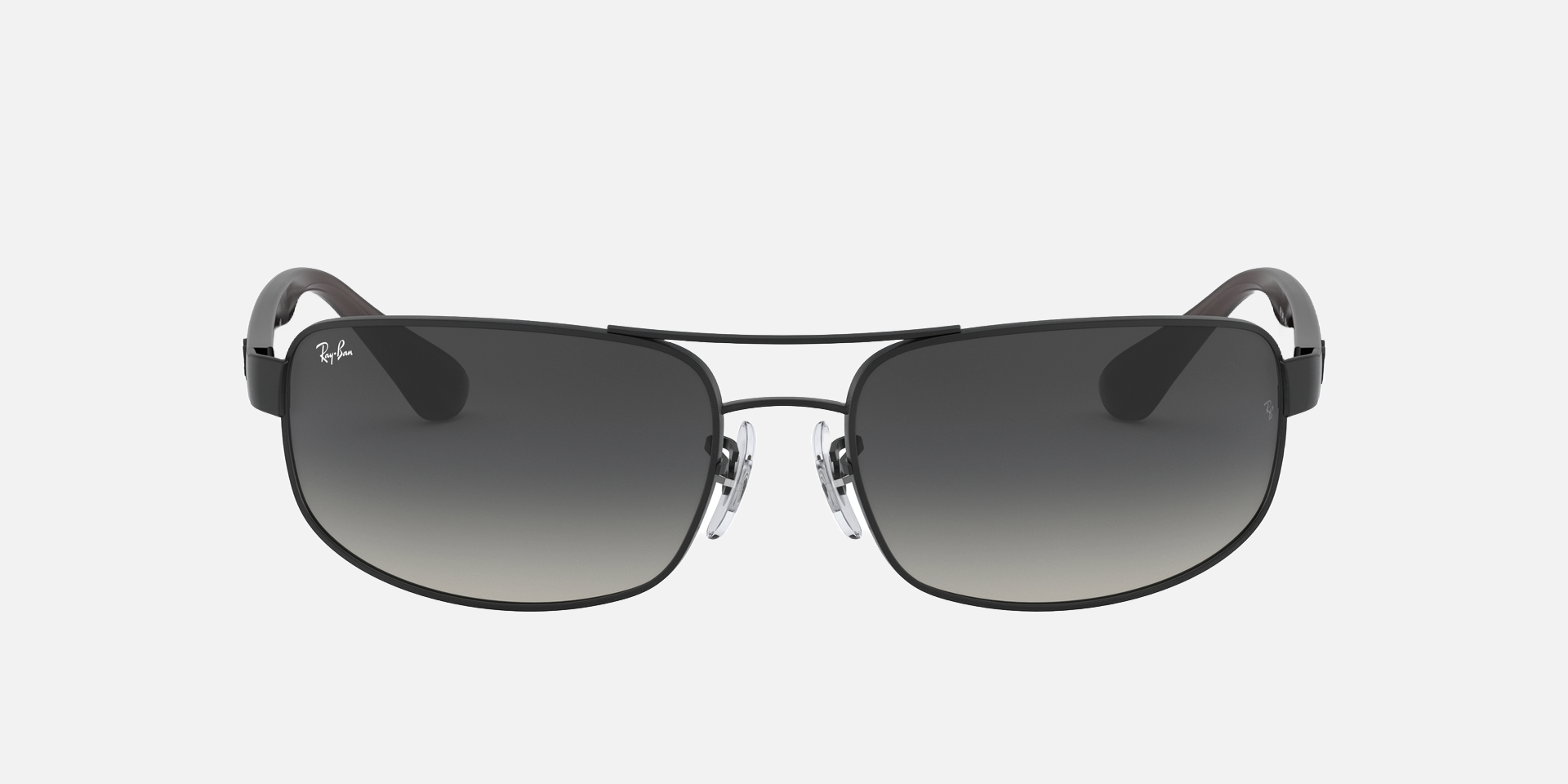 Ray-Ban RB3445 006/11 rectangular sunglasses for men in full rim metal, with matte black frame, and grey gradient lenses. 61mm in lens size, 17mm in bridge size, and 130mm in temple length.