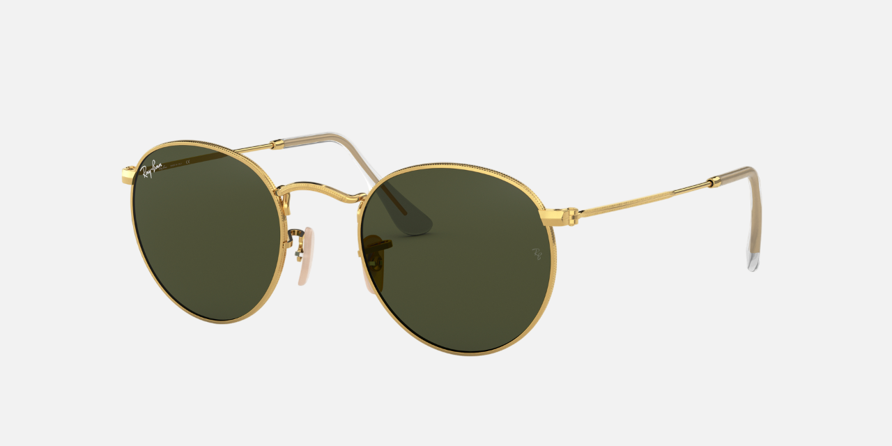 Ray-Ban Round Metal RB3447 001 unisex's full rim round sunglasses in a polished arista gold metal frame with g-15 green lenses. Features a 53 mm lens size, 21 mm bridge size, and 145 mm temple length. Available in Dubai, UAE.