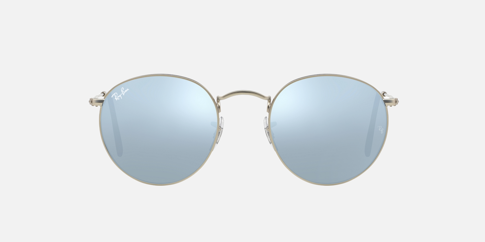 Ray-Ban Round Flash Lenses RB3447 RB3447 019/30 round sunglasses for unisex in full rim metal, with matte silver frame, and silver flash lenses. 50mm in lens size, 21mm in bridge size, and 145mm in temple length.