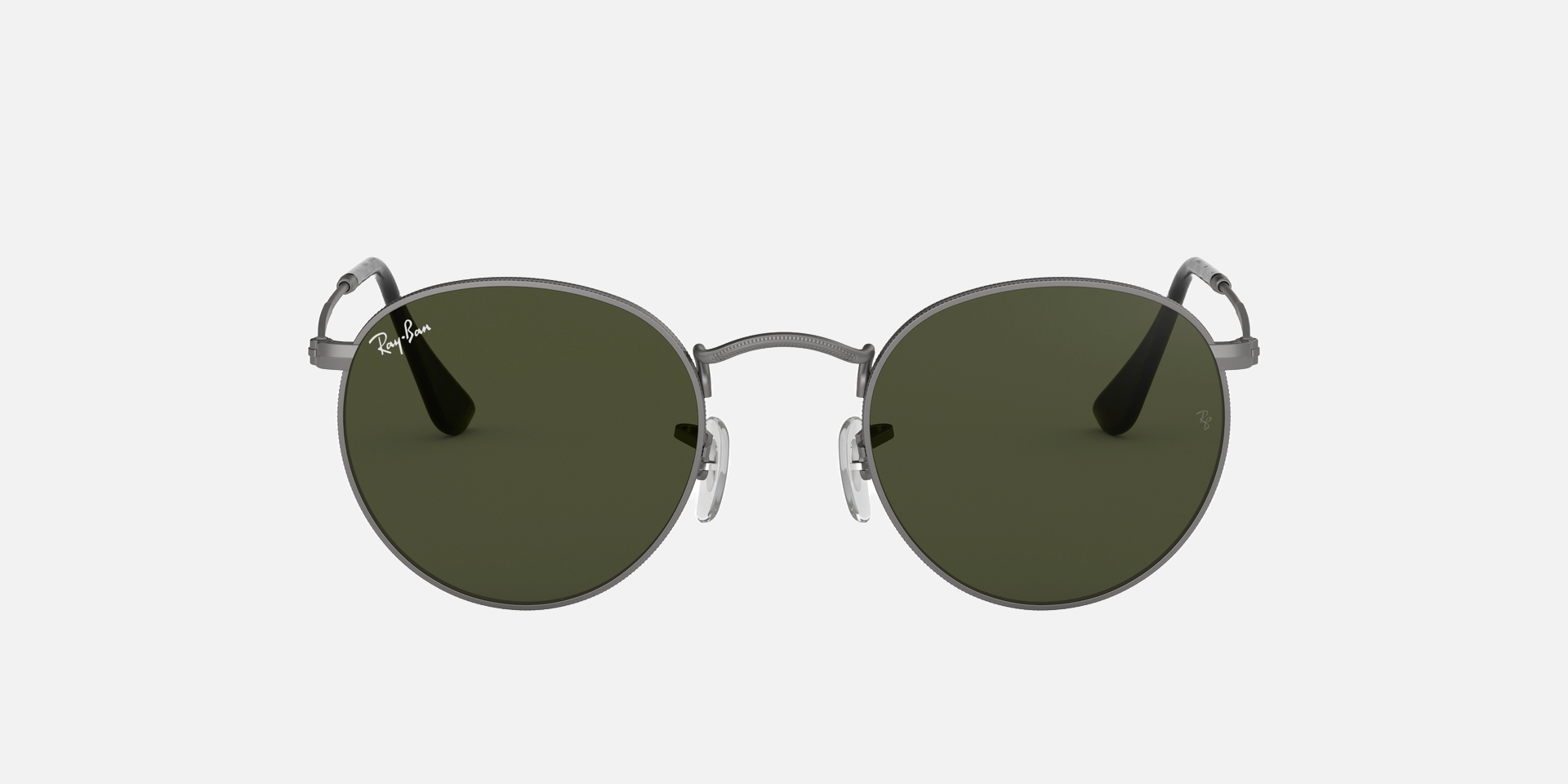 Ray-Ban Round Metal RB3447 RB3447 29 round sunglasses for unisex in full rim metal, with matte gunmetal frame, and green lenses. 50mm in lens size, 21mm in bridge size, and 145mm in temple length.