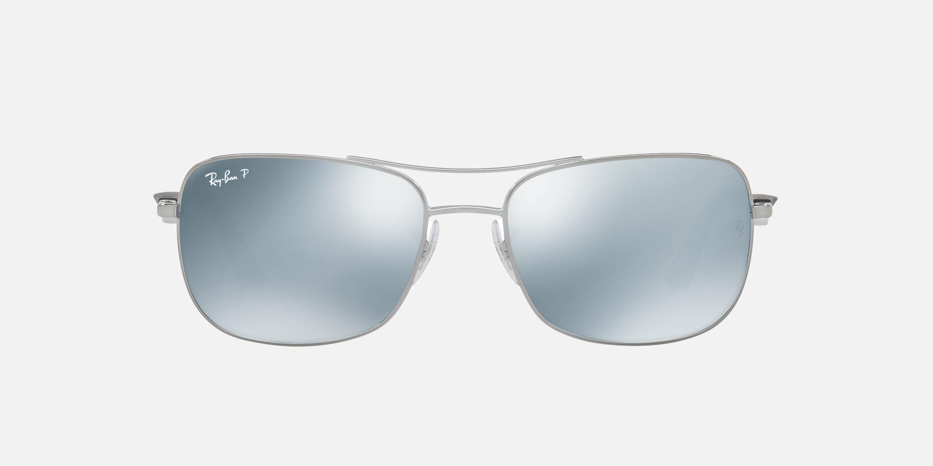 Ray-Ban RB3515 004/Y4 square sunglasses for unisex in full rim metal, with gunmetal frame, and silver lenses. 61mm in lens size, 17mm in bridge size, and 145mm in temple length.
