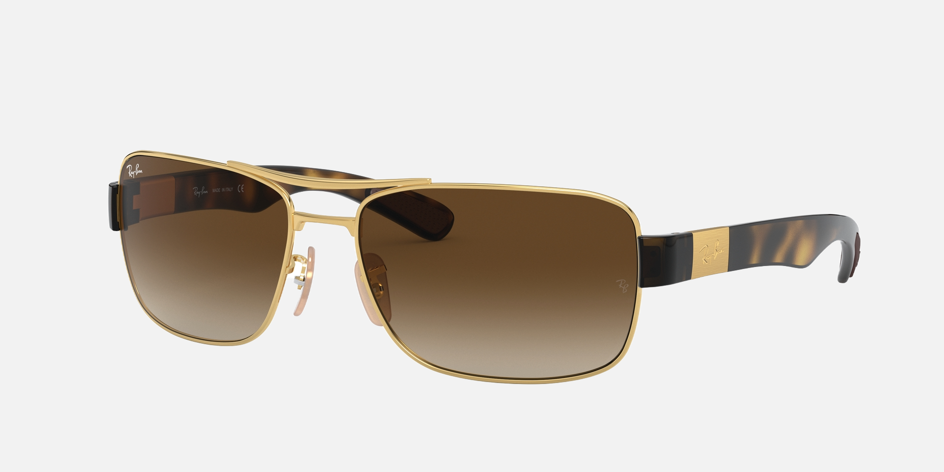 Ray-Ban RB3522 001/13 square sunglasses for unisex in full rim metal, with arista gold frame, and brown gradient lenses. 61mm in lens size, 17mm in bridge size, and 135mm in temple length.