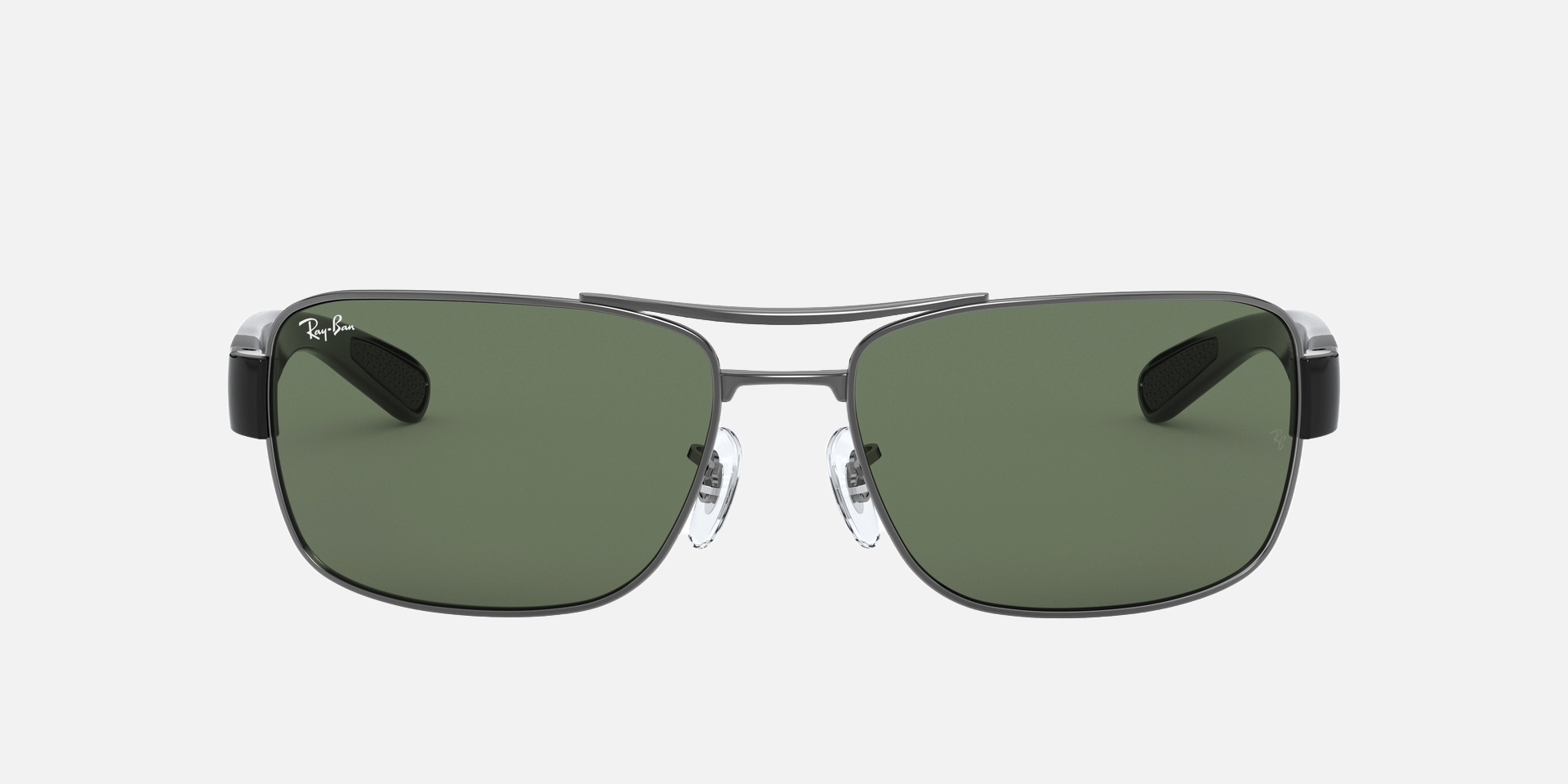 Ray-Ban RB3522 004/71 square sunglasses for unisex in full rim metal, with gunmetal frame, and green lenses. 61mm in lens size, 17mm in bridge size, and 135mm in temple length.