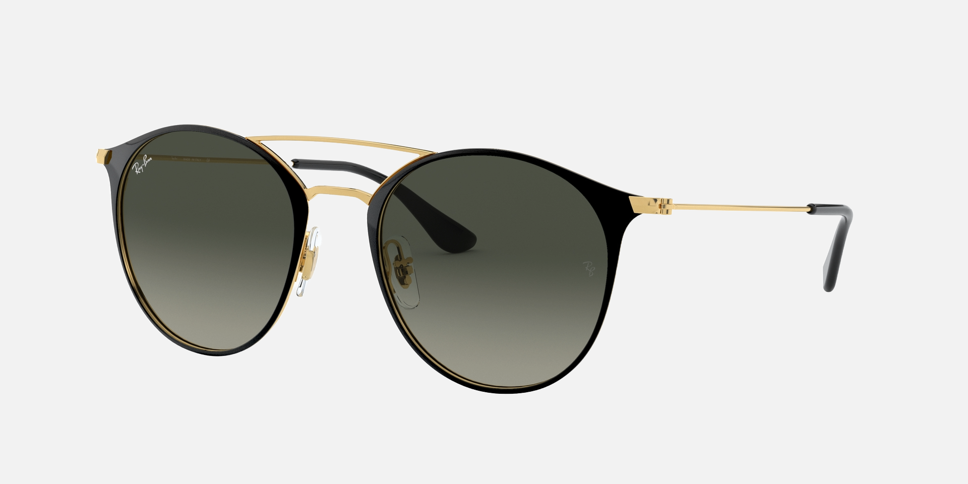 Ray-Ban RB3546 187/71 round sunglasses for women in full rim metal, with black on gold frame, and grey gradient lenses. 52mm in lens size, 20mm in bridge size, and 145mm in temple length.