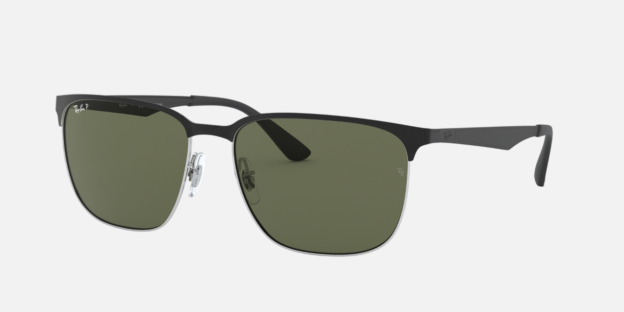 Ray-Ban RB3569 90049A unisex's full rim square sunglasses in a polished black on silver metal frame with g-15 green polarized lenses. Features a 59 mm lens size, 17 mm bridge size, and 145 mm temple length. Available in Dubai, UAE.