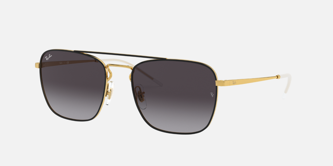 Ray-Ban RB3588 90548G unisex's full rim square sunglasses in a black on gold metal frame with grey lenses. Features a 55 mm lens size, 19 mm bridge size, and 140 mm temple length. Available in Dubai, UAE.