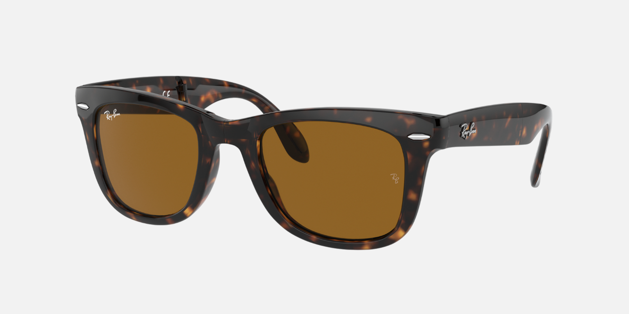 Ray-Ban Wayfarer Folding Classic RB4105 710 square sunglasses for men in full rim plastic, with light havana frame, and brown lenses. 50mm in lens size, 22mm in bridge size, and 140mm in temple length.