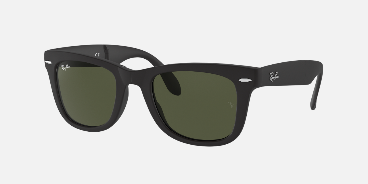Ray-Ban Wayfarer Folding Classic RB4105 601S square sunglasses for men in full rim plastic, with black frame, and green lenses. 50mm in lens size, 22mm in bridge size, and 140mm in temple length.
