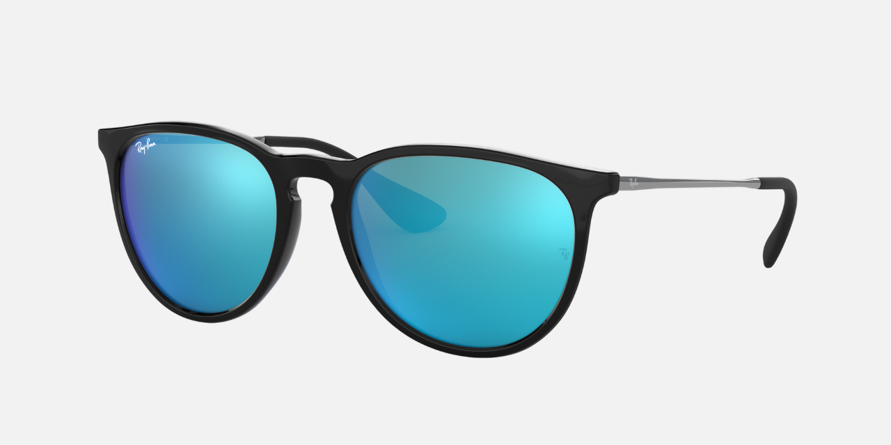 Ray-Ban Erika Color Mix RB4171 601/55 women's full rim phantos sunglasses in a polished black injected frame with blue mirror lenses. Features a 54 mm lens size, 18 mm bridge size, and 145 mm temple length. Available in Dubai, UAE.