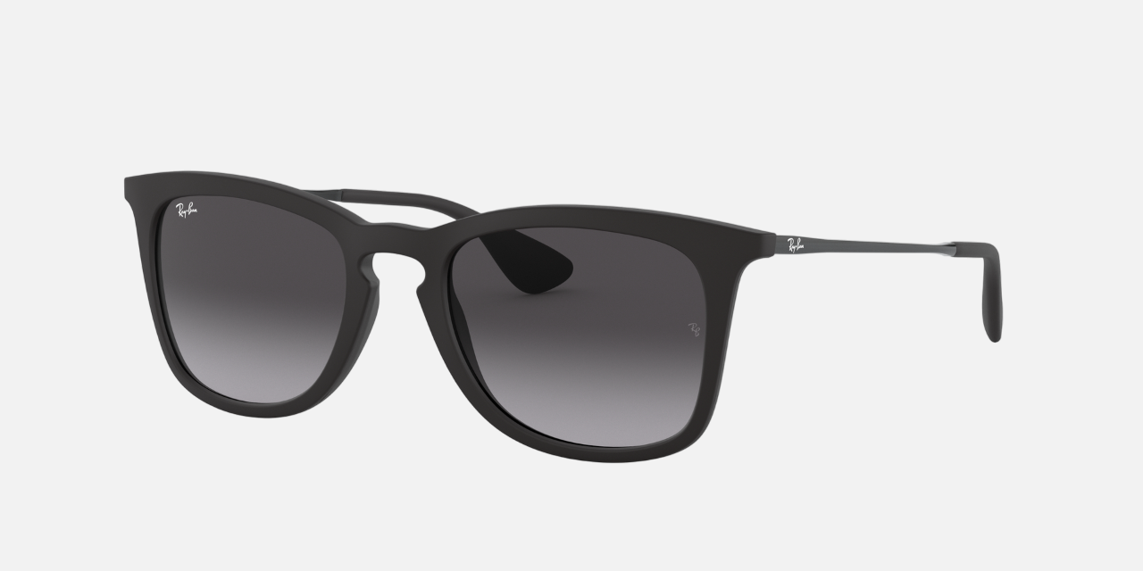 Ray-Ban RB4221 622/8G square sunglasses for men in full rim plastic, with matte rubber black frame, and grey gradient lenses. 50mm in lens size, 19mm in bridge size, and 145mm in temple length.