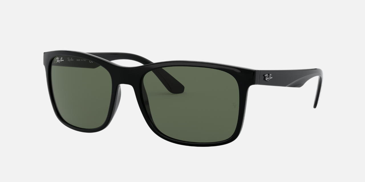 Ray-Ban RB4232 601/71 square sunglasses for men in full rim plastic, with black frame, and dark green lenses. 57mm in lens size, 17mm in bridge size, and 140mm in temple length.