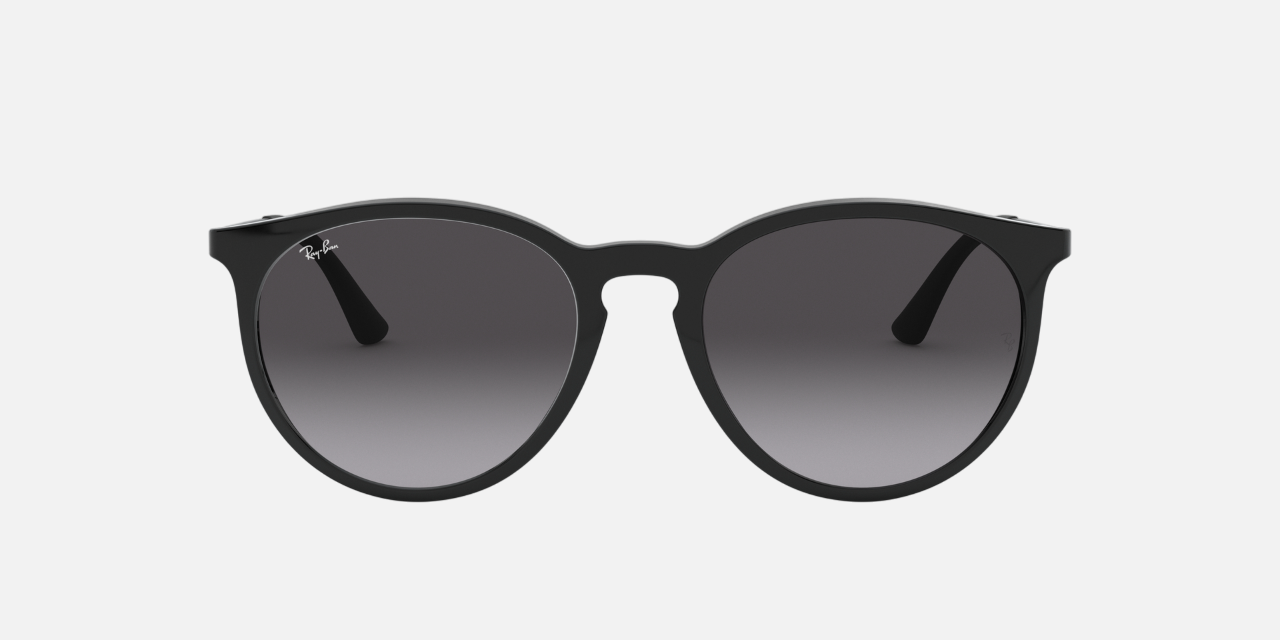 Ray-Ban RB4274 601/8G round sunglasses for unisex in full rim plastic, with matte black frame, and grey gradient lenses. 53mm in lens size, 18mm in bridge size, and 145mm in temple length.
