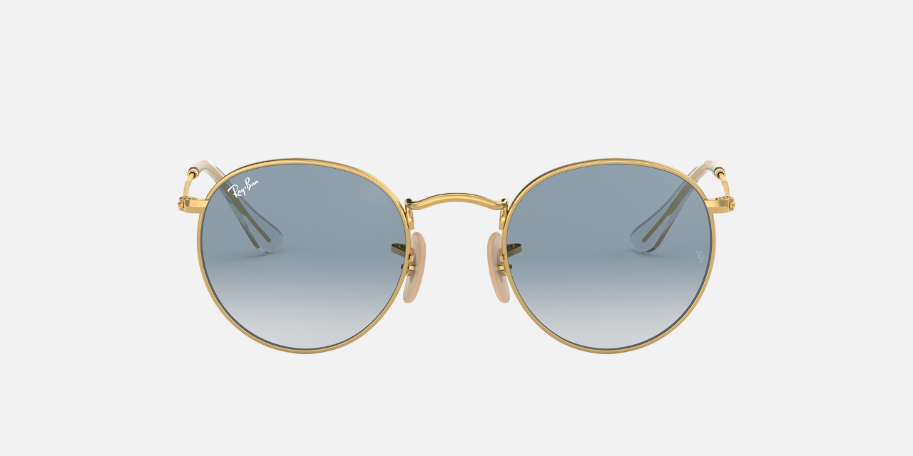 Ray-Ban Round Flat Lenses RB3447N 001/3F round sunglasses for unisex in full rim metal, with gold frame, and light blue gradient lenses. 53mm in lens size, 21mm in bridge size, and 145mm in temple length.