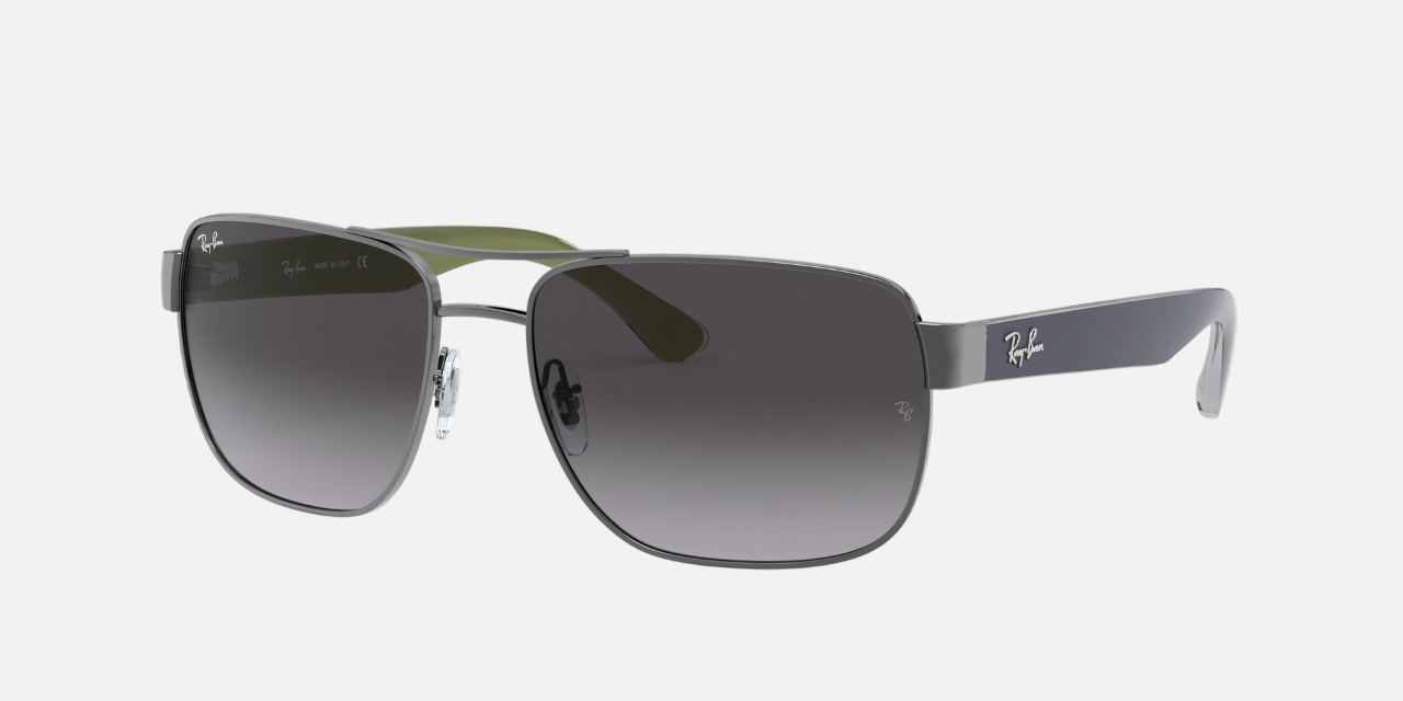 Ray-Ban RB3530 004/8G square sunglasses for unisex in full rim metal, with gunmetal frame, and grey gradient lenses. 58mm in lens size, 17mm in bridge size, and 140mm in temple length.