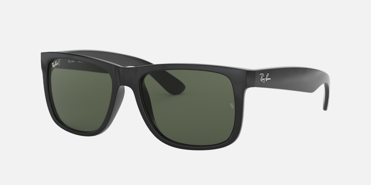 Ray-Ban Justin Classic RB4165 601/71 square sunglasses for men in full rim plastic, with black frame, and dark green lenses. 54mm in lens size, 16mm in bridge size, and 145mm in temple length.