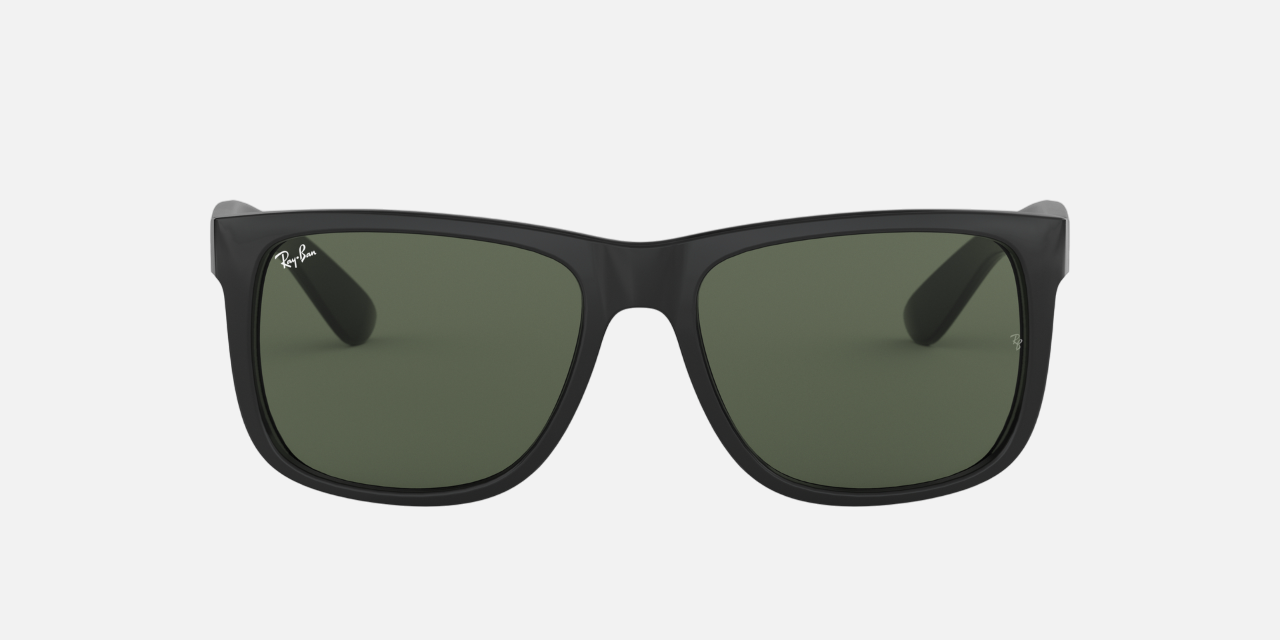 Ray-Ban Justin Classic RB4165 601/71 square sunglasses for men in full rim plastic, with black frame, and dark green lenses. 54mm in lens size, 16mm in bridge size, and 145mm in temple length.