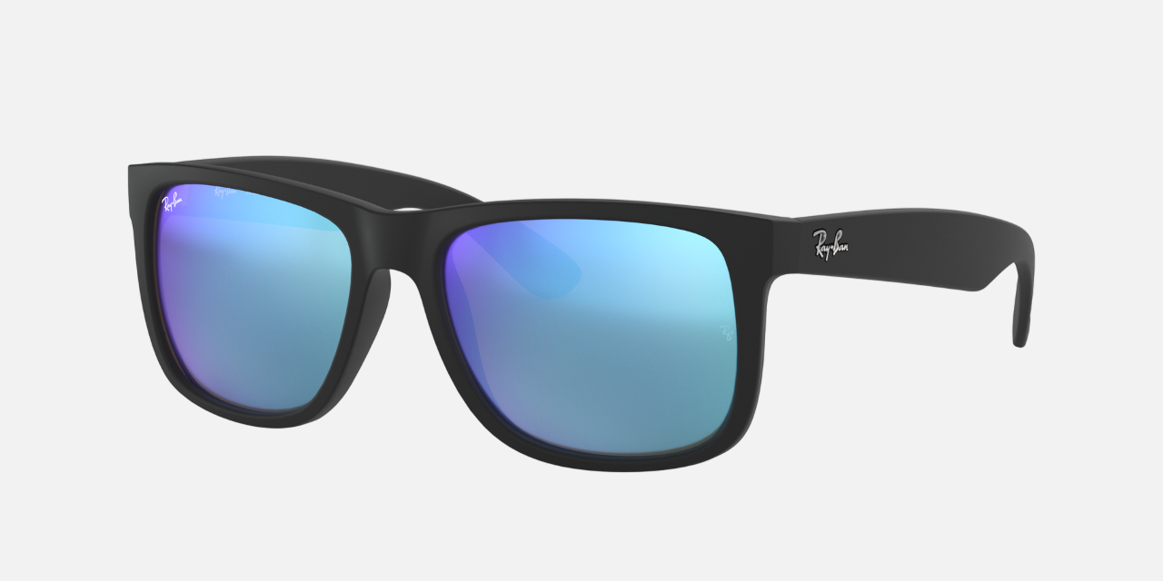 Ray-Ban Justin Color Mix RB4165 622/55 square sunglasses for men in full rim plastic, with matte rubber black frame, and blue mirror lenses. 54mm in lens size, 16mm in bridge size, and 145mm in temple length.