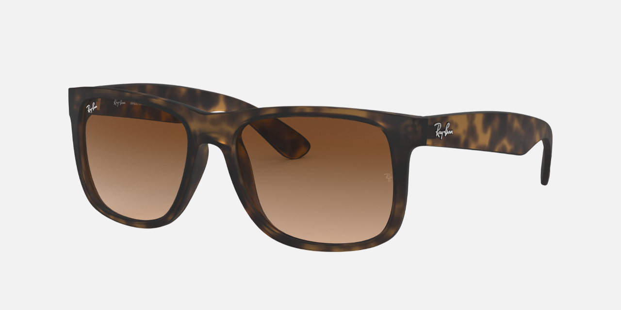 Ray-Ban Justin Classic RB4165 710/13 men's full rim square sunglasses in a matte havana nylon frame with dark brown lenses. Features a 54 mm lens size, 16 mm bridge size, and 145 mm temple length. Available in Dubai, UAE.