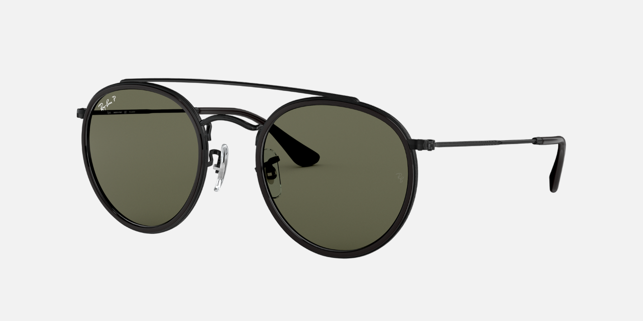 Ray-Ban Round Double Bridge RB3647N 002/58 unisex's full rim round double bridge sunglasses in a black metal frame with green lenses. Features a 51 mm lens size, 22 mm bridge size, and 145 mm temple length. Available in Dubai, UAE.