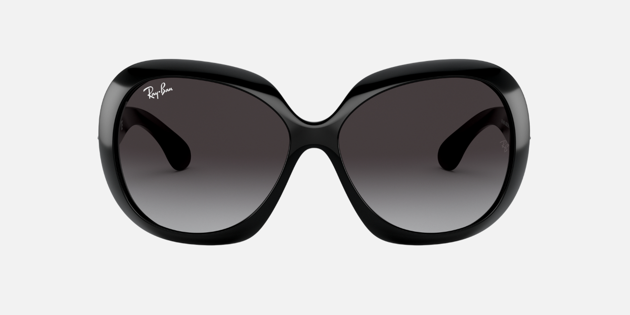 Ray-Ban Jackie Ohh II RB4098 601/8G butterfly sunglasses for women in full rim nylon, with polished black frame, and grey gradient lenses. 60mm in lens size, 14mm in bridge size, and 135mm in temple length.