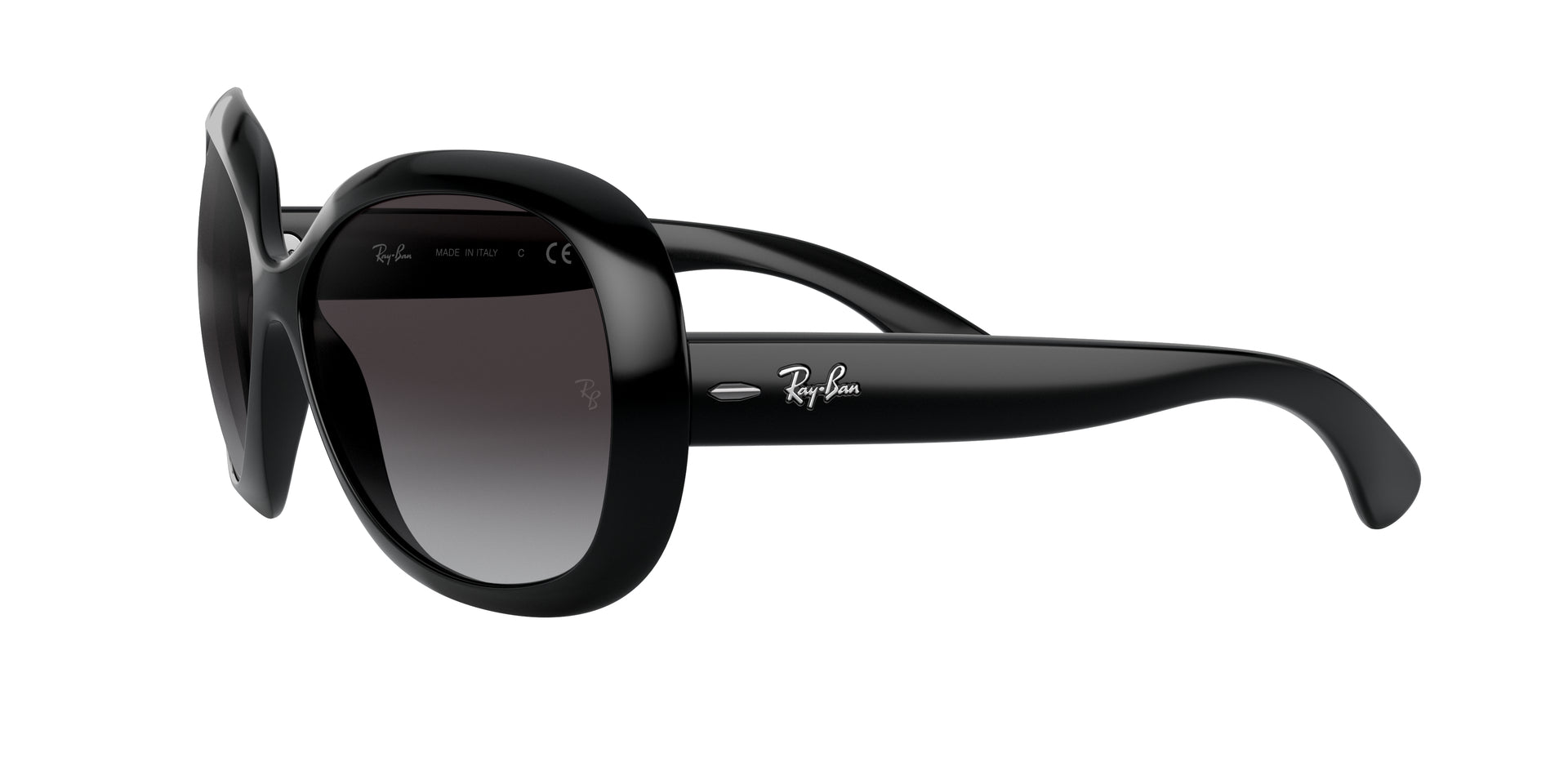 Ray-Ban Jackie Ohh II RB4098 601/8G butterfly sunglasses for women in full rim nylon, with polished black frame, and grey gradient lenses. 60mm in lens size, 14mm in bridge size, and 135mm in temple length.