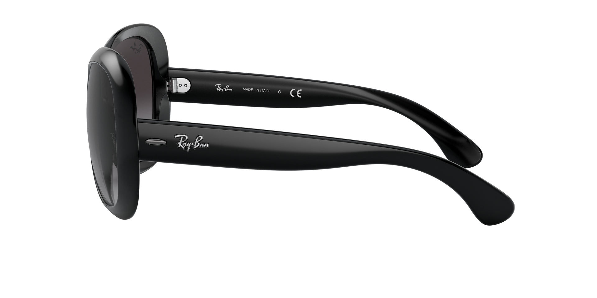 Ray-Ban Jackie Ohh II RB4098 601/8G butterfly sunglasses for women in full rim nylon, with polished black frame, and grey gradient lenses. 60mm in lens size, 14mm in bridge size, and 135mm in temple length.
