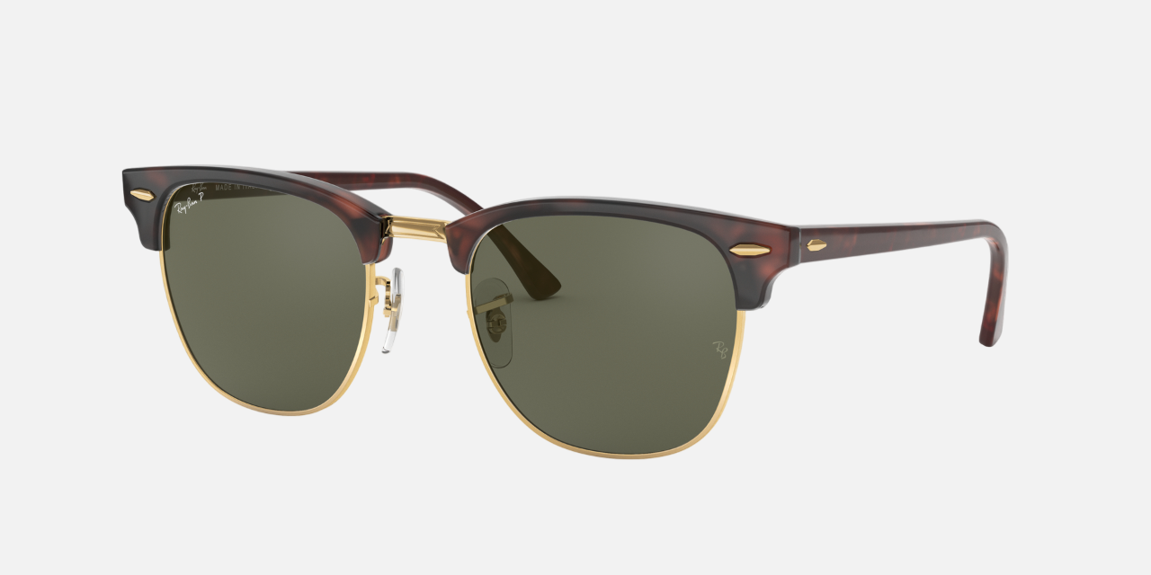 Ray-Ban Clubmaster Classic RB3016 990/58 unisex's full rim square sunglasses in a polished tortoise on gold acetate frame with g-15 green polarized lenses. Features a 51 mm lens size, 21 mm bridge size, and 140 mm temple length. Available in Dubai, UAE.