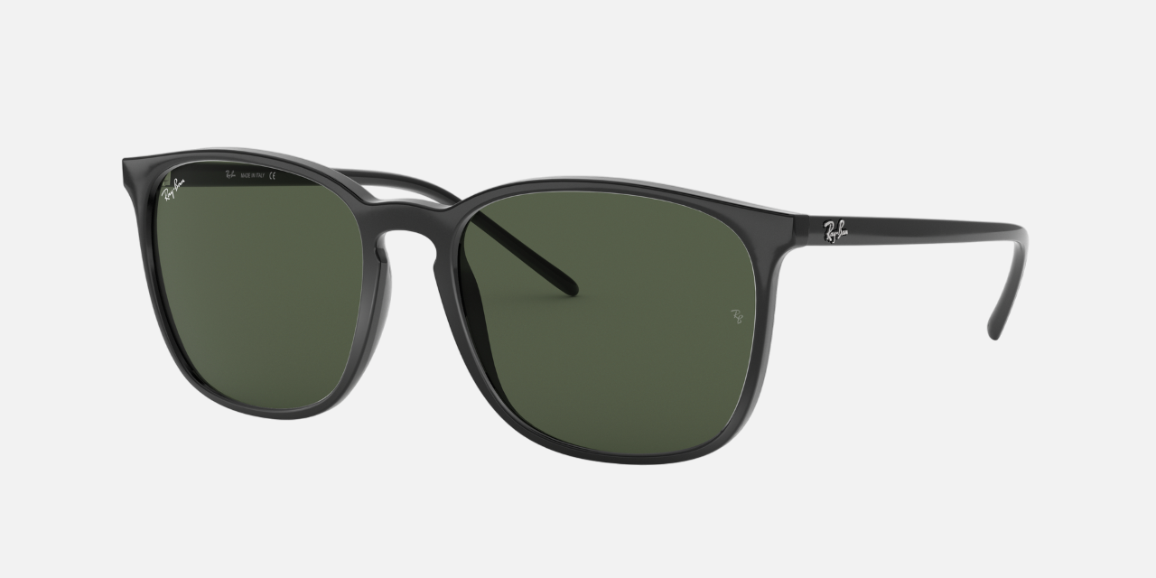 Ray-Ban RB4387 601/71 unisex's full rim square sunglasses in a black injected frame with green lenses. Features a 56 mm lens size, 18 mm bridge size, and 145 mm temple length. Available in Dubai, UAE.