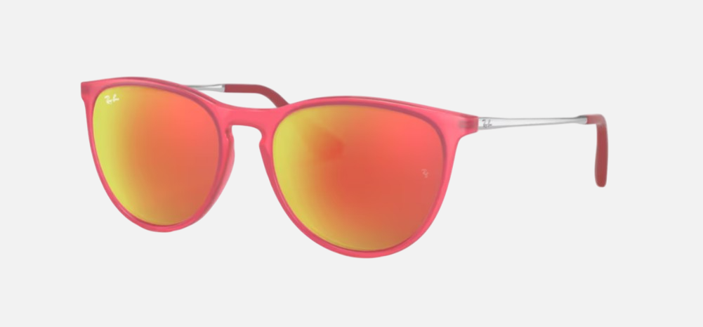 Ray-Ban Junior Erika Kids RJ9060S 70096Q kids's full rim phantos sunglasses in a matte fuchsia fluo injected frame with brown/orange lenses. Features a 50 mm lens size, 15 mm bridge size, and 130 mm temple length. Available in Dubai, UAE.