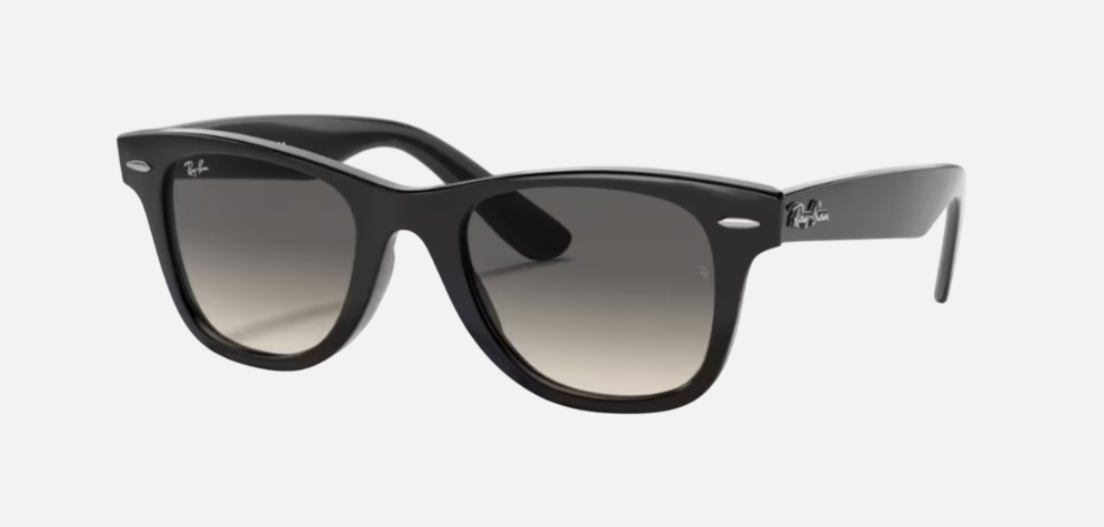 Ray-Ban Junior Wayfarer Kids RJ9066S 100/11 square sunglasses for kids in full rim injected, with polished black frame, and light grey/dark grey lenses. 47mm in lens size, 20mm in bridge size, and 130mm in temple length.