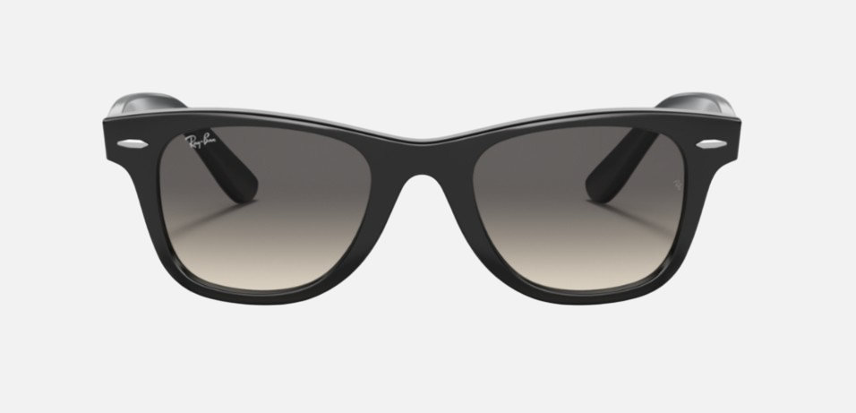 Ray-Ban Junior Wayfarer Kids RJ9066S 100/11 square sunglasses for kids in full rim injected, with polished black frame, and light grey/dark grey lenses. 47mm in lens size, 20mm in bridge size, and 130mm in temple length.