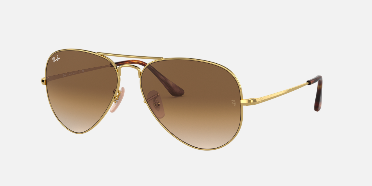 Ray-Ban Aviator Metal II RB3689 914751 aviator sunglasses for unisex in full rim metal, with gold frame, and light brown gradient lenses. 58mm in lens size, 14mm in bridge size, and 140mm in temple length.